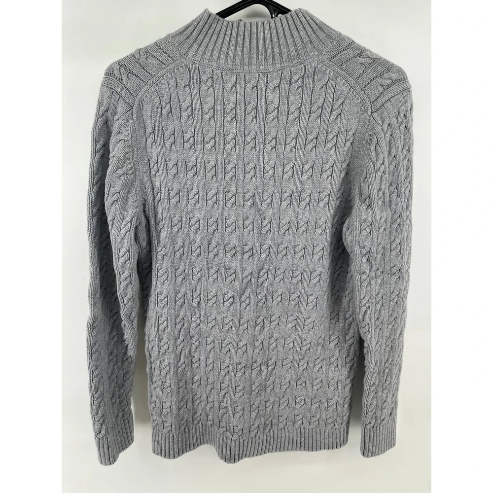 L.L. Bean Cable Knit Sweater Mens Medium Gray Excellent Split V-Neck Cotton